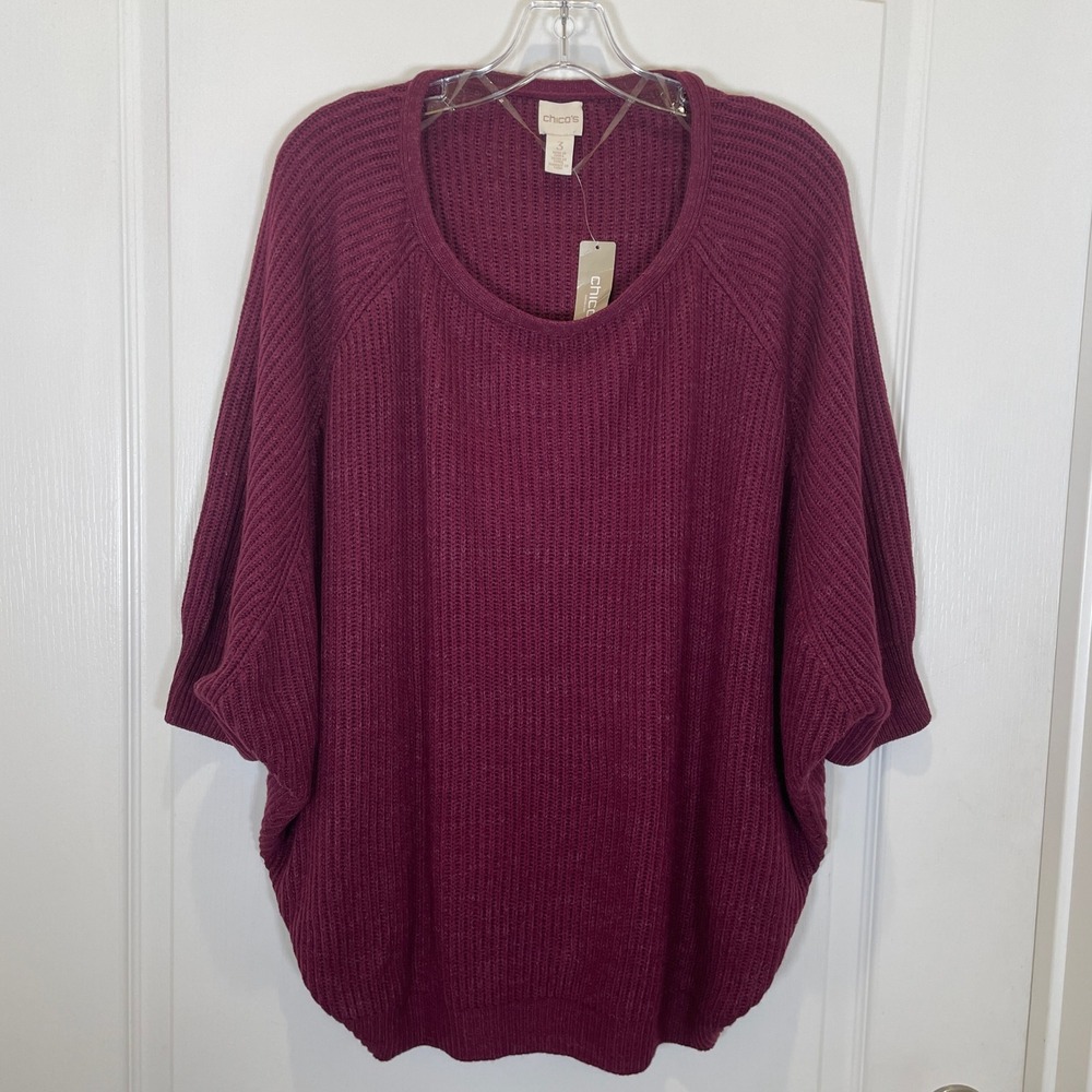 Chicos‎ Slouchy Sweater Ribbed Pullover Dolman 3/4 Sleeves Purple NWT Size 3 XL